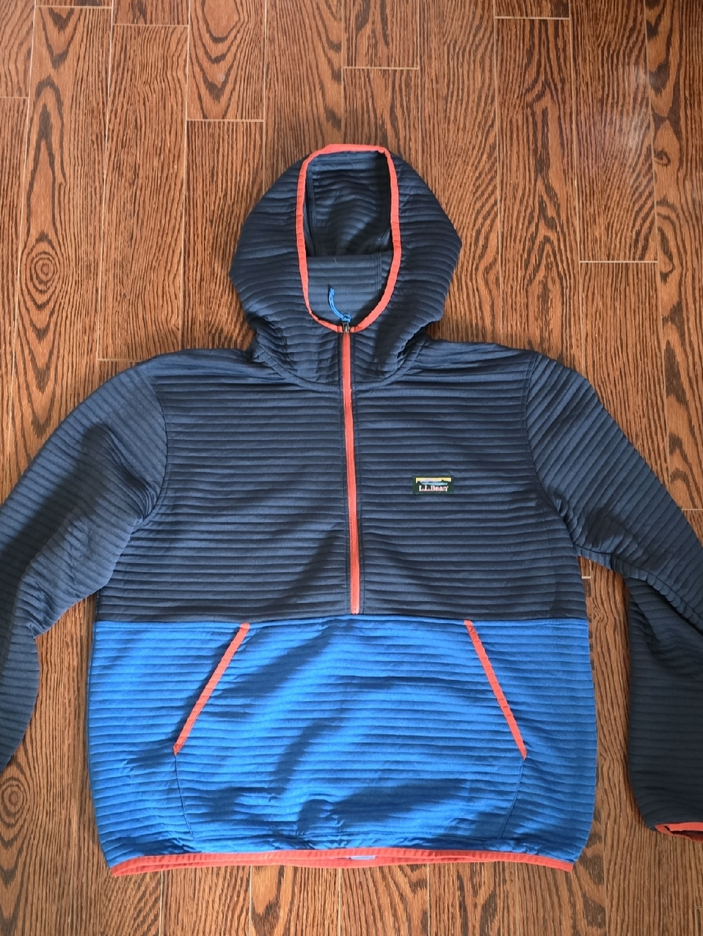 LL Bean Navy and Bright Blue Quilted Half-Zip Hoodie with Red Trim